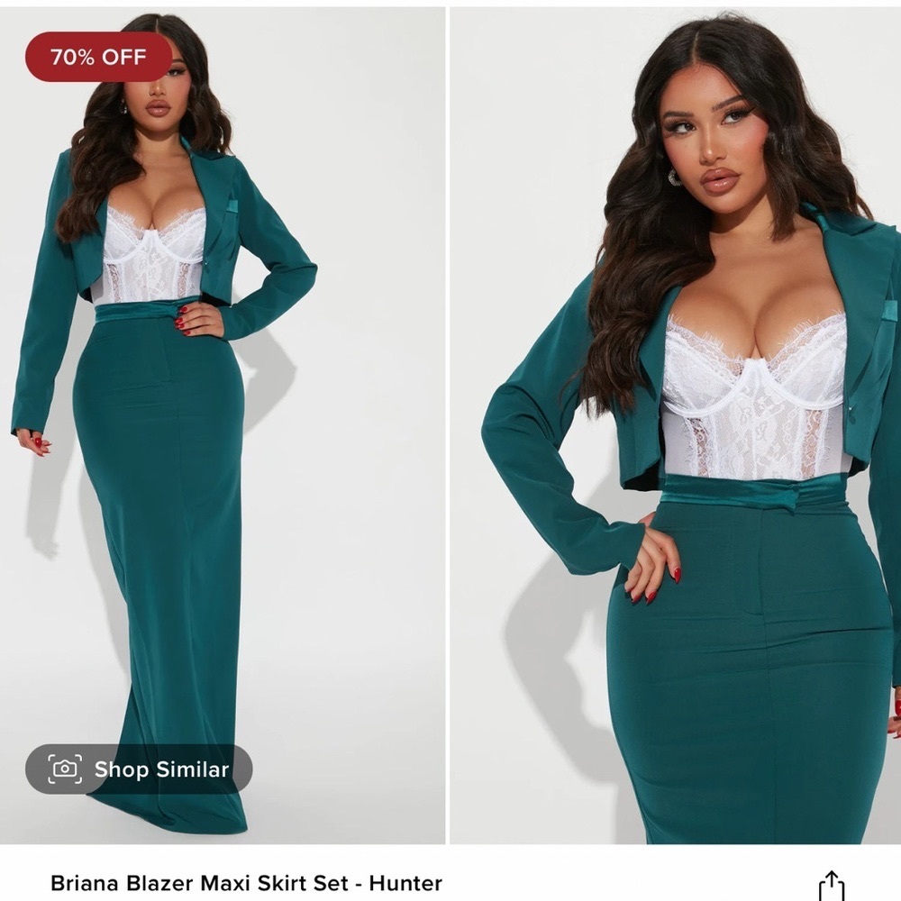 Two piece teal satin trim suit.